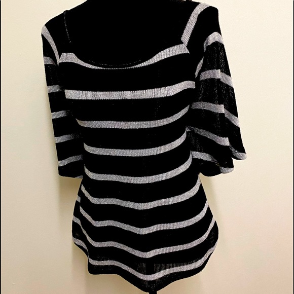 INC Black & Silver, Boatneck, Shimmery, Striped, Flowy, 3/4 Sleeve Shirt - Picture 8 of 15